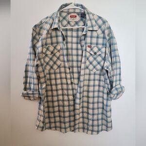 Wrangler's Cream and Blue Plaid Button Down Western Shirt Men's Size Large